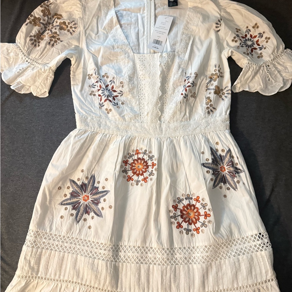 French Connection White Dress with Floral Embroidery